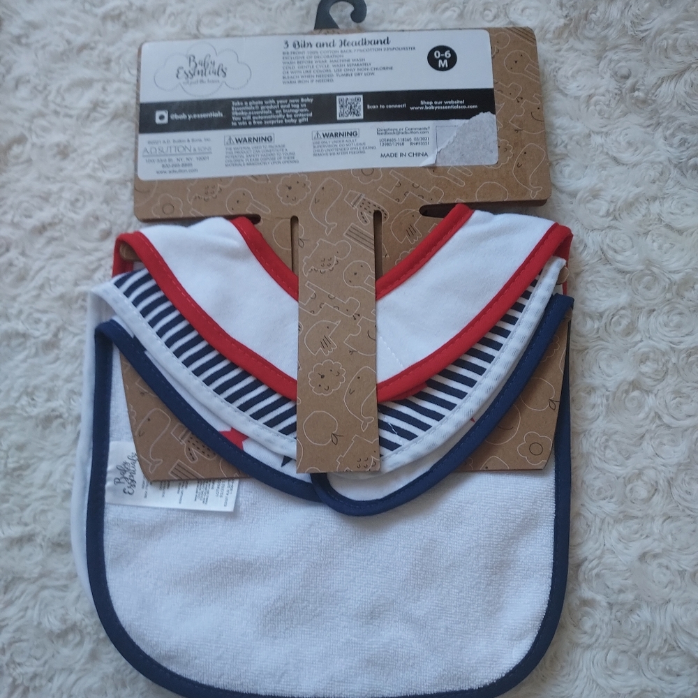 Baby Essentials 0-6mo Red White & Blue Patriotic Bib & Headband Set - Picture 3 of 4